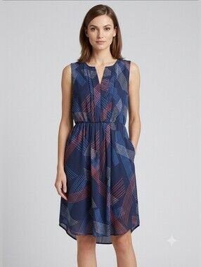 ​Halogen Geometric Print Sleeveless Sun Dress with Pockets Navy Blue Size 8